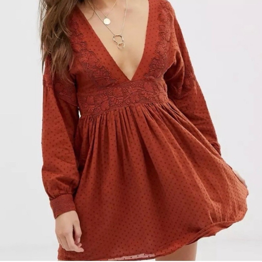 Free People Rust Orange Swiss Dot Embroidered Deep V-Neck Mini Dress Boho Size S